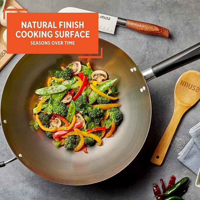 IMUSA USA Natural Wok with Triangle Handle 14-Inch, Silver | Natural Finish, Cool-Touch Wood and Helper Handle, Ideal for Stir-Frying, Perfect for Everyday Cooking