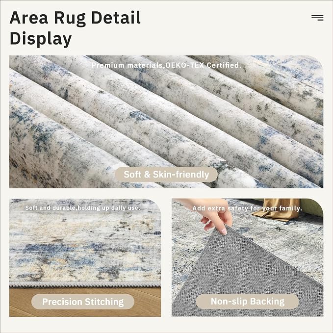 Soalmost Abstract Rug 8x10 Large Living Room Area Rugs Washable Blue/Yellow | Modern Non-Slip Carpet for Dining Bedroom, Stain Resistant Foldable Thin Low Pile Floor Mat Under Table Home Office Decor