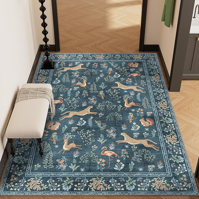 DUKINO 4x6 Area Rug, Non Slip Animal Washable Rug for Living Room, Blue | Soft, Low Pile, Stain Resistant Indoor Carpet for Bedroom, Dining Room, Nursery, Farmhouse, Pet Friendly, Non-Shedding