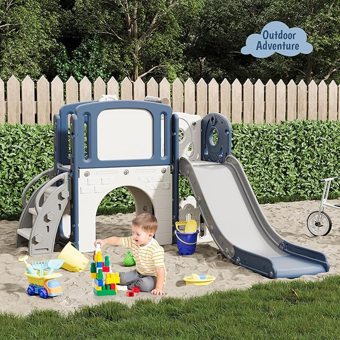 8-in-1 Toddler Slide Playground Set for Indoor & Outdoor Fun – Includes Climber, Basketball Hoop, Telescope, Tunnel, and Storage Space for Kids – Perfect for Backyard & Courtyard Activities