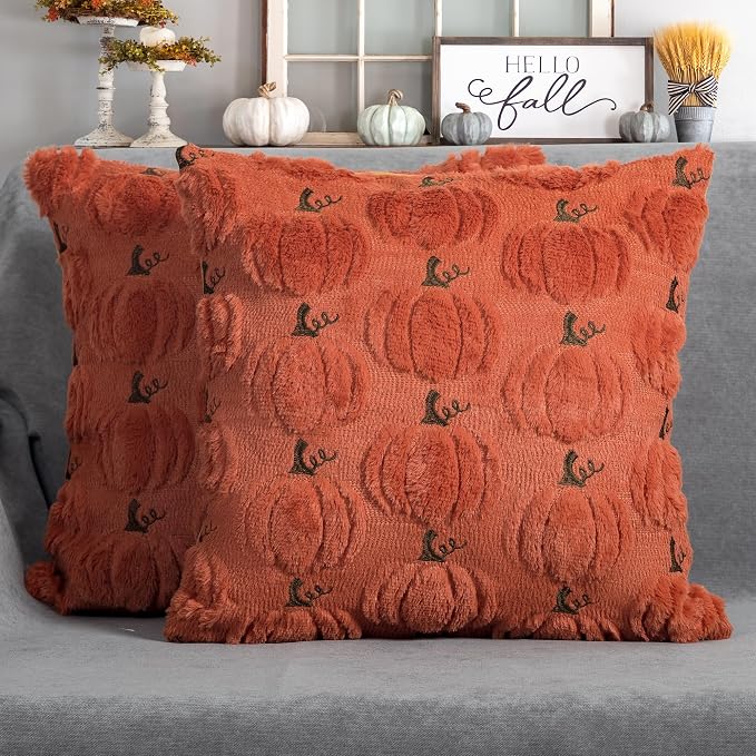 Fall Pumpkin Decorative Pillow Covers 18x18 Set of 2, Dark Rust Red Soft Plush Faux Fur Wool Farmhouse Throw Cushion Cases for Autumn Thanksgiving Holiday Home Decorations