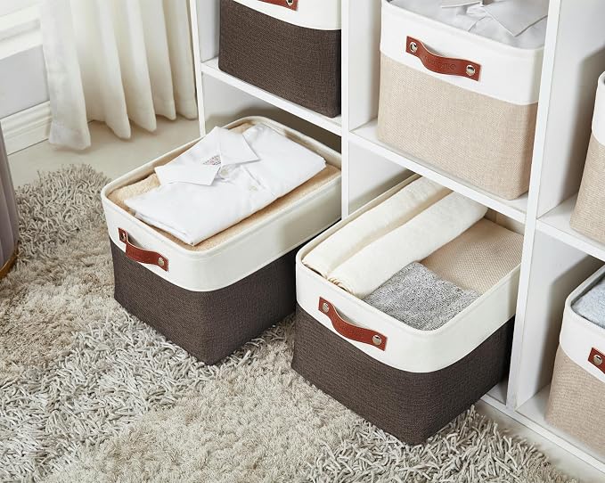 DECOMOMO Storage Bins, Large Fabric Storage Baskets for Shelves 4 Pack | 15 x 11 x 9.5 inches Decorative Linen Closet Organizers (Brown & White)