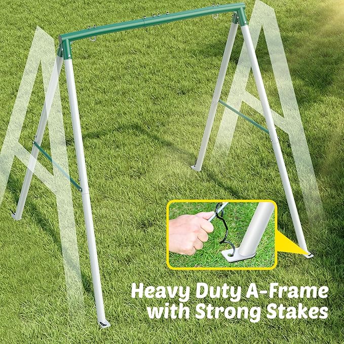 Trekassy Swing Sets for Backyard, 440lbs Heavy Duty A-Frame Metal Stand with 60" Large Platform Swing for Outdoor Playground Park（Green/White Frame + Black Swing）(Patented)