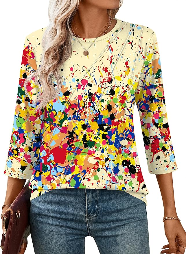 LOMON 3/4 Length Sleeve Womens Tops Spring Summer Fashion 2026 Tops Crew Neck Pleated Shirts Tunic Top Loose Fit