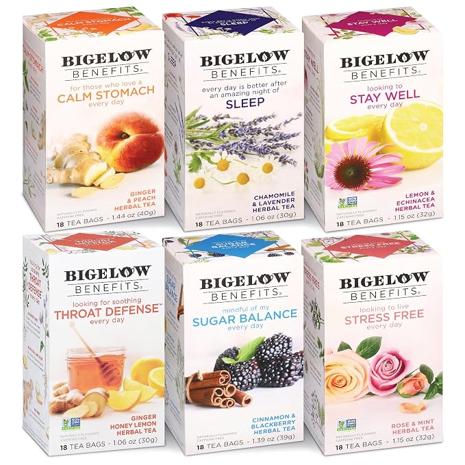 Bigelow Benefits Wellness Teas Variety Pack, Mixed Caffeinated Green Matcha & Caffeine-Free Herbal Tea, 18 Count (Pack of 6), 108 Total Tea Bags (Packaging May Vary)