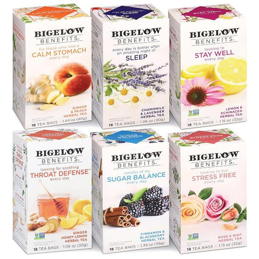 Bigelow Benefits Wellness Teas Variety Pack, Mixed Caffeinated Green Matcha & Caffeine-Free Herbal Tea, 18 Count (Pack of 6), 108 Total Tea Bags (Packaging May Vary)
