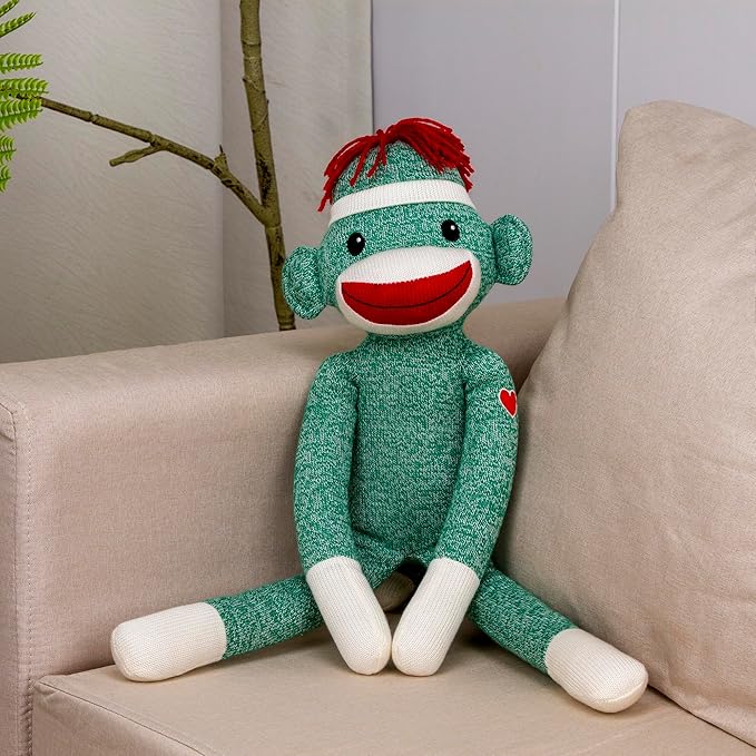 Plushland Adorable Green Sock Monkey, The Original Traditional Hand Knitted Stuffed Animal Toy Gift-for Kids, Babies, Teens, Girls & Boys Baby Doll Present Puppet 20"