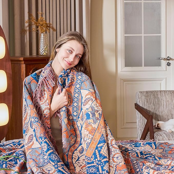 VANJOROY Boho Throw Blanket for Bed Couch 60" x 80", 100% Organic Cotton Skin-Friendly Ultra Soft Quilt Throw - Floral Rustic Living Room Decor Luxury Reversible Blanket for Sofa Chair and Gift