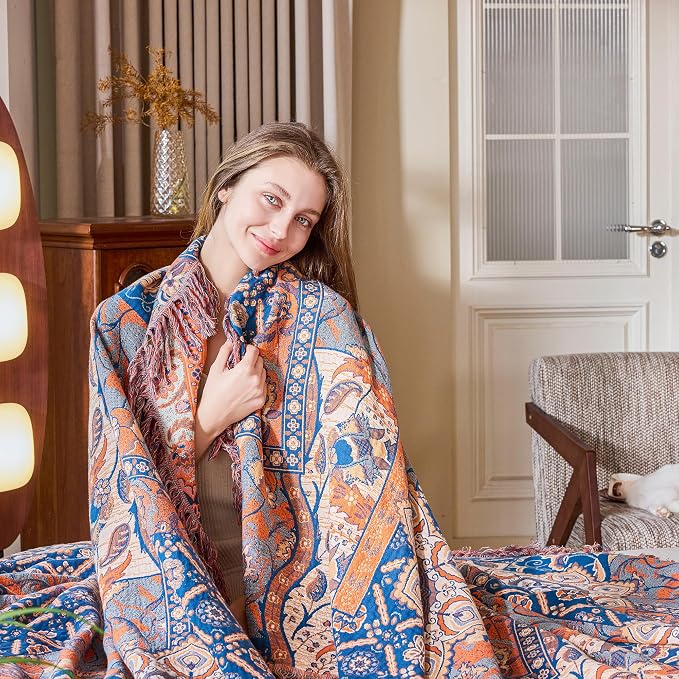 VANJOROY Boho Throw Blanket for Bed Couch 80" x 90", 100% Organic Cotton Skin-Friendly Ultra Soft Quilt Throw - Floral Rustic Living Room Decor Luxury Reversible Blanket for Sofa Chair and Gift