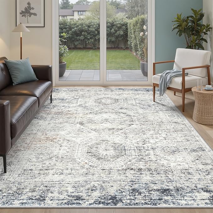 Soalmost 7x9 Area Rug for Living Room Washable Rugs Non-Slip Blue/Ivory | Low-Pile Vintage Carpet for Dining Bedroom, Foldable Thin Stain Resistant Floor Mat Under Table Home Office Nursery Decor
