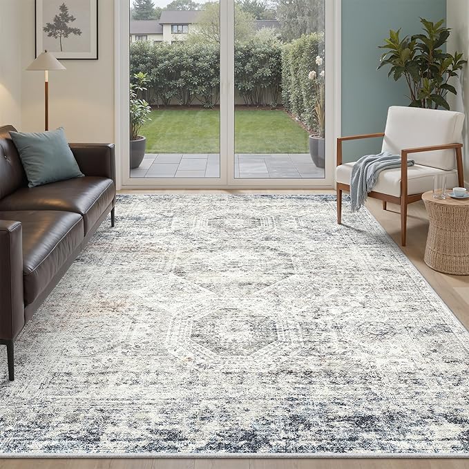 Soalmost 6x9 Area Rug for Living Room Washable Rugs Non-Slip Blue/Ivory | Low-Pile Vintage Carpet for Dining Bedroom, Foldable Thin Stain Resistant Floor Mat Under Table Home Office Nursery Decor