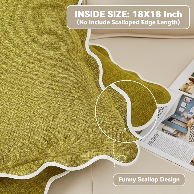 Scalloped Pillow Covers Set of 2 for Living Room | Spring Decorative Sofa Couch Pillows | Boho Sytle Decorative Home | Aesthetic Funky Preppy Pillow Cases (Green & Yellow, 18x18 Inch)