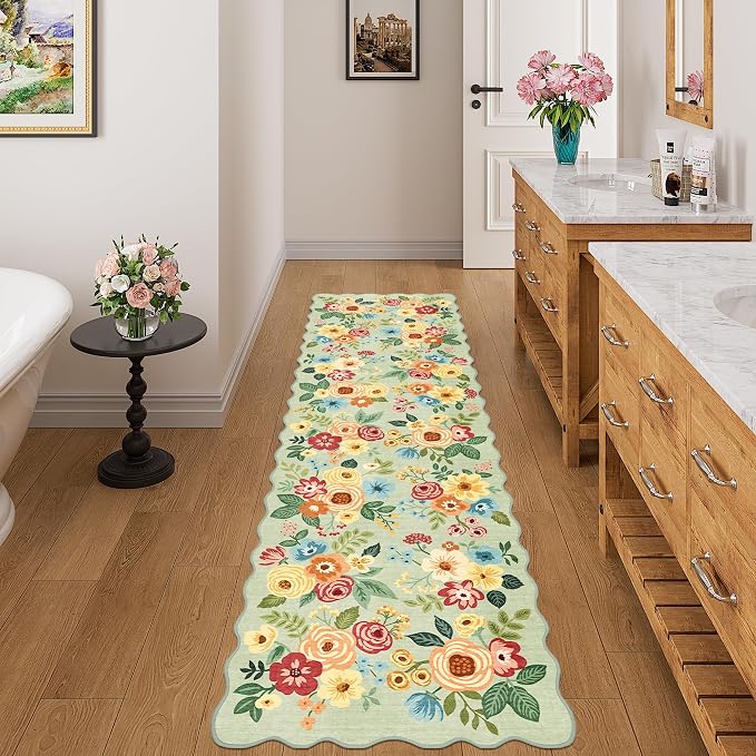 DUKINO 2x7 Runner Rug for Hallway, Floral Washable Rug for Kitchen, Green | Low Pile, Stain Resistant, Soft Throw Carpet Runner for Entryway, Bedroom, Bathroom, Laundry, Pet Friendly, Modern Home Decor