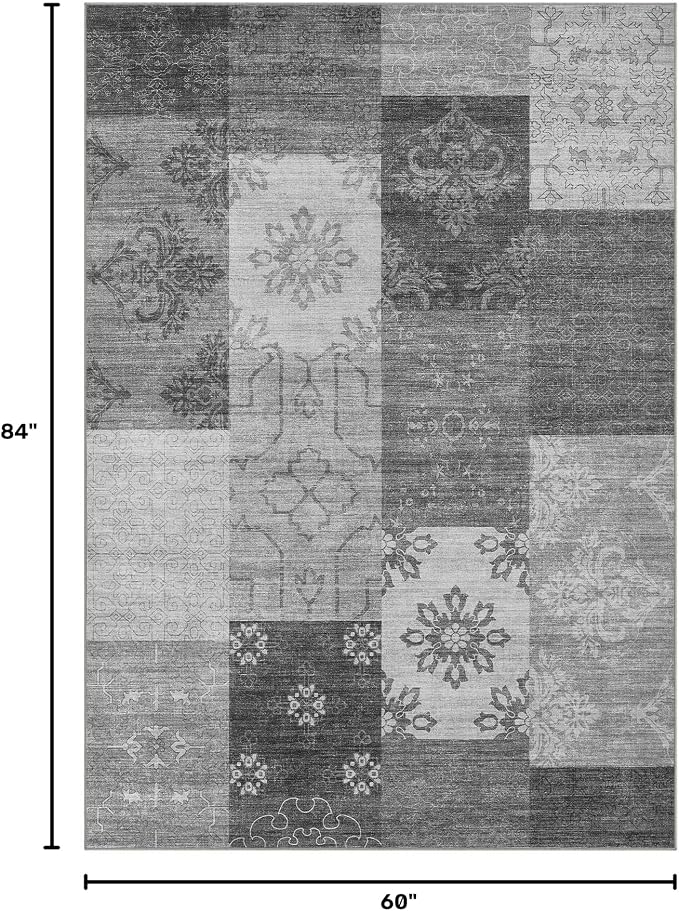 UERMEI 5x7 Area Rug for Living Room - Washable Vintage Carpet, Non-Slip Soft Large Indoor Floor Rugs for Bedroom Home Office & Under Dining Table Decor, Gray Block