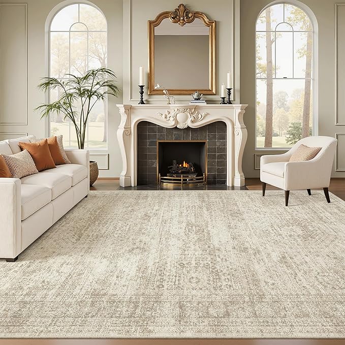 Soalmost Washable Area Rug 8x12 Large Soft Beige Rugs for Living Room | Vintage Non-Slip Carpet for Dining Bedroom, Stain Resistant Low Pile Foldable Lightweight Floor Mat Under Table Home Decor