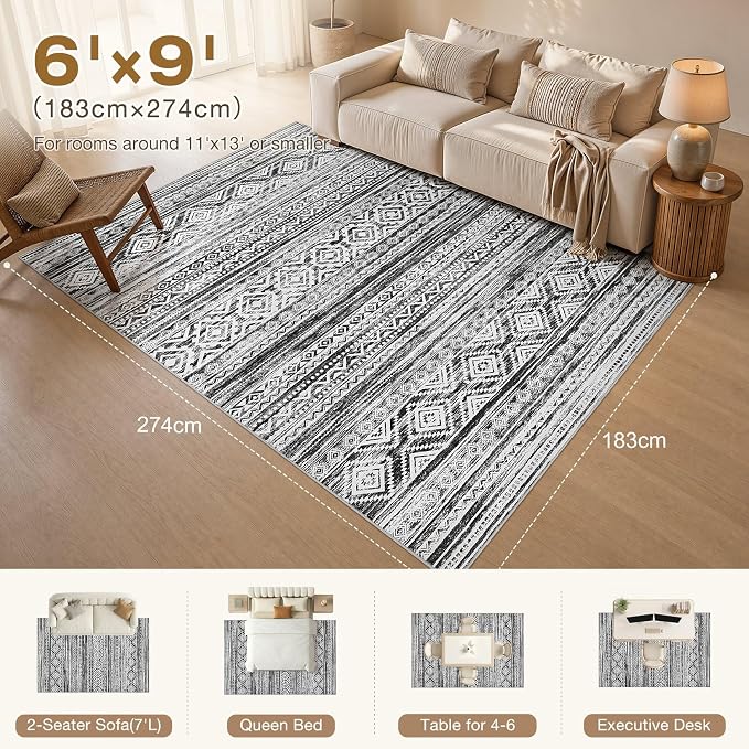 cotiled 6x9 Area Rugs Living Room Rug: Washable Boho Rugs with Non Slip Backing Large Soft Indoor Stain Resistant Carpet for Bedroom Farmhouse Dining Room Lightweight Home Decor White/Black
