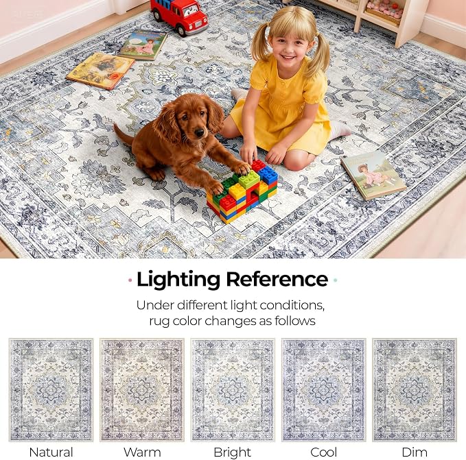 CAPALOCA Machine Washable Rugs Nursery Rug 9x12 Area Rugs Girl Non Slip Low Pile Water Repellent Soft Print Pattern for Bedroom Indoor Decor Kids Playroom Blue White | Non-Slip Soft Rugs for Bedroom Kids Playroom Living Room, Print Pattern Water Repell...