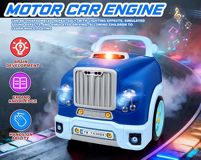 Interactive Truck Engine Toy with Removable Parts - Lights, Sounds, and Fun for Young Mechanics -Unleash Their Creativity and Motor Skills with This Truck Engine Toy (Bule)