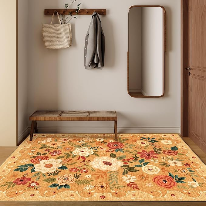 DUKINO 4x6 Area Rug, Floral Washable Rug Non Slip Office Chair Mat, Orange | Low Pile, Stain Resistant, Soft Indoor Rug for Bedroom, Living Room, Dining Room, Kids Room, Pet Friendly, Modern Home Decor