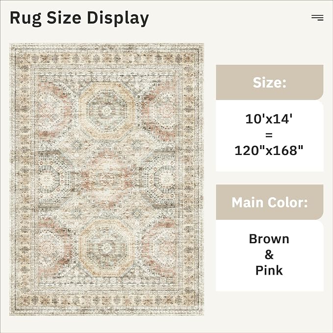 Soalmost 10x14 Area Rugs for Living Room Washable Rug Non-Slip Brown/Pink | Large Vintage Stain Resistant Carpet for Dining Bedroom, Low Pile Lightweight Foldable Floor Mat Nursery Home Office Decor