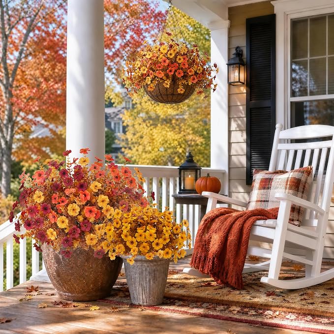 Ouddy Decor 24 Pcs Artificial Fall Flowers, Fake Mums Outdoors, Deep Orange | Lifelike faux mums, silk flower, UV resistant, no-maintenance, for autumn Thanksgiving garden porch yard indoor outdoor decor