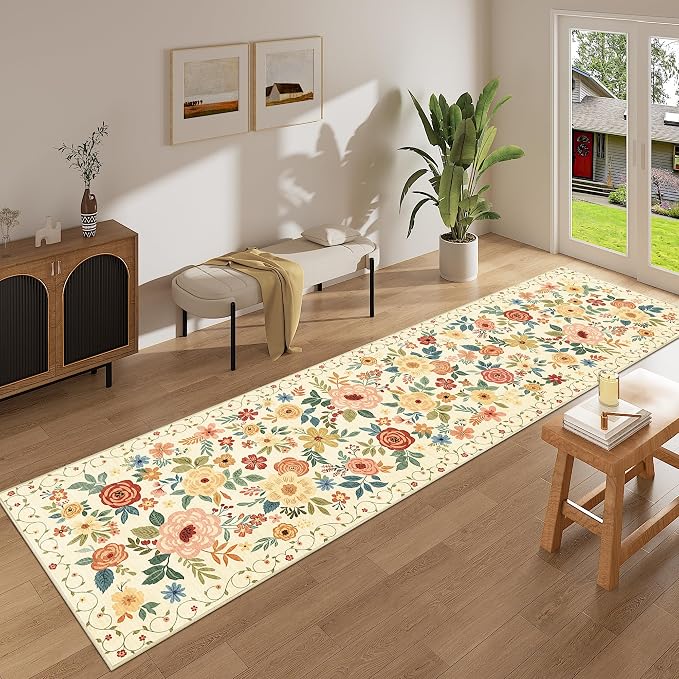 DUKINO 2.6x12 Kitchen Runner Rug, Floral Non Slip Washable Rug Beige Yellow | Low Pile, Stain Resistant, Soft Indoor Rug Runner for Hallway, Entryway, Bedroom, Bathroom, Laundry, Pet Friendly, Home Decor