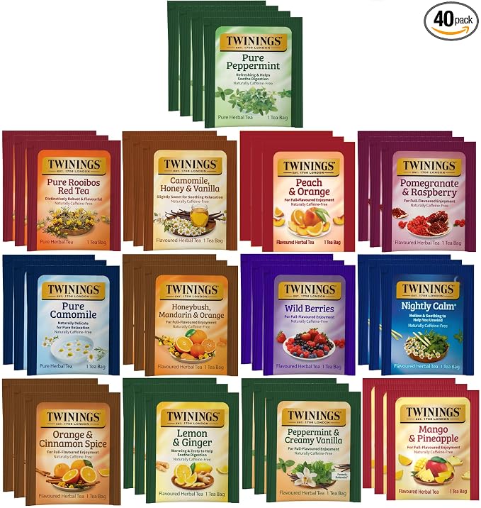 Twinings Assorted Herbal, Naturally Caffeine-Free Tea Bag Sampler (40 Count) 13 Flavour Boxed Variety Gift Set