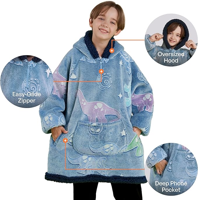 Giggling Getup Glow in The Dark Wearable Blanket Hoodie for Girls and Boys Warm Cozy Sherpa Fleece Hooded Blanket Sweatshirt Oversized Hoodie with Giant Pocket & Sleeves for Kids Blue Dinosaur Glow