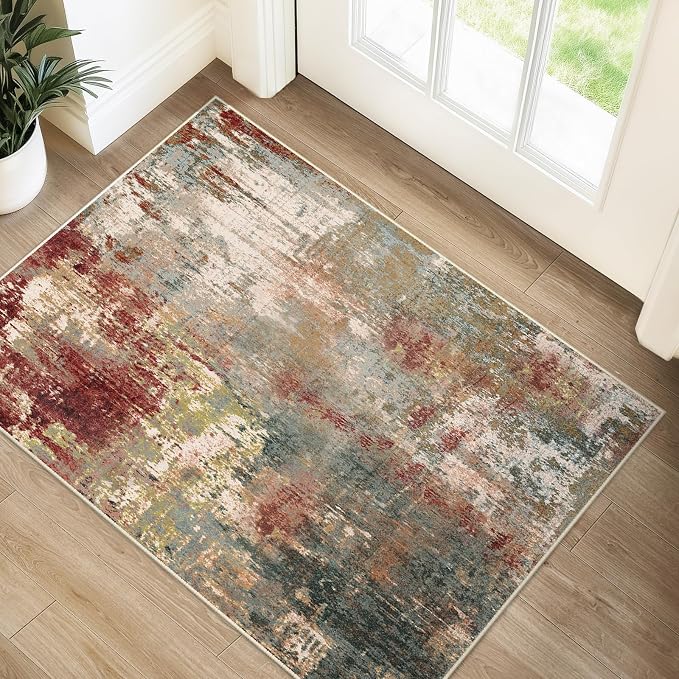 RELEANY Washable Area Rugs 2'x3' Non-Slip Modern Abstract Soft for Living Room Entryway Bedroom Kitchen, Print Pattern, Brown Rust Red Green Blue Multi