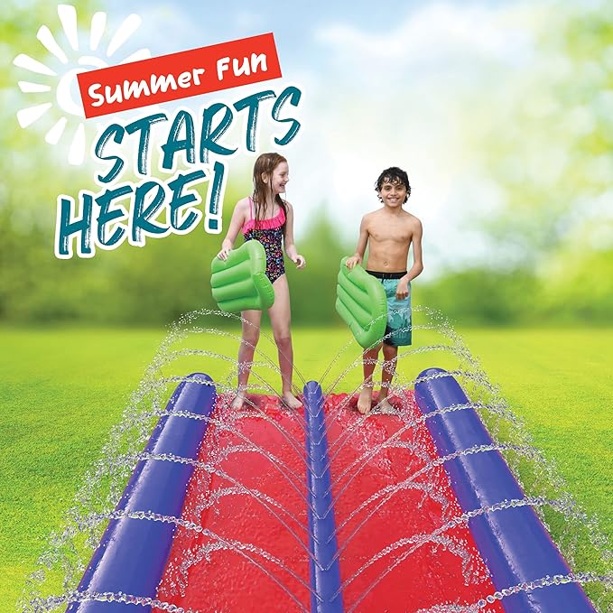 Stargo 2 Person Slide Backyard Water Fun Slip Down and Slide - 25 Feet x 6 Feet Waterslide with Sprinkler and Inflatable Body Boards for Kids - Outdoor Summer Toy