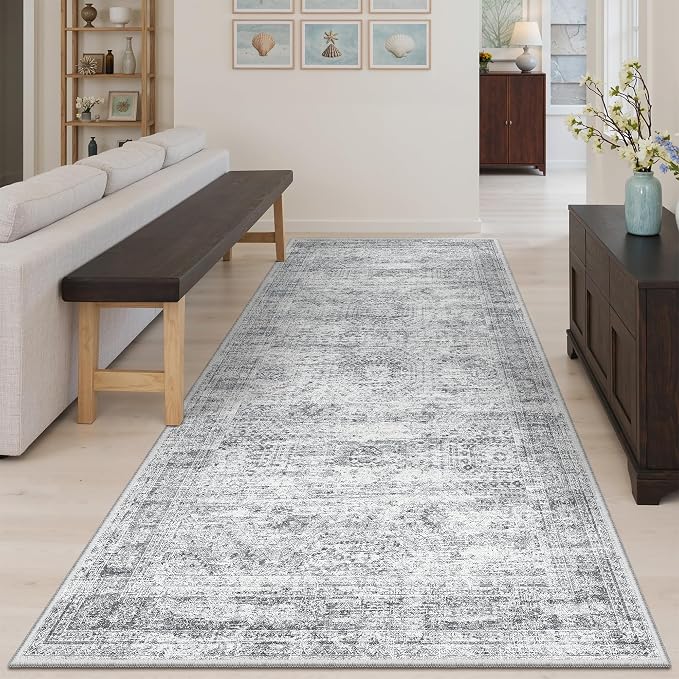 Soalmost Washable Hallway Runner Rug 4x8 Kitchen Entry Rugs Non-Slip, Grey | Vintage Wide Runners for Living Dining Room Entryway, Foldable Low-Pile Floor Carpet Mat 8ft for Corridor Foyer Bedroom