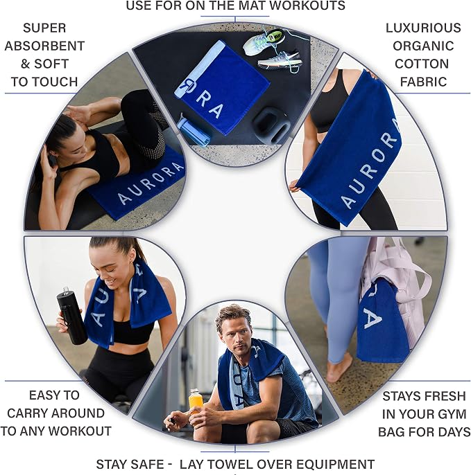 Blue Organic Cotton Gym Towel for Men and Women - Silver Infused Sweat Towels for Gym, 500 GSM, 31.5"x15.75" - Soft Absorbent Workout Towels for Yoga and Sports, Exercise Towel