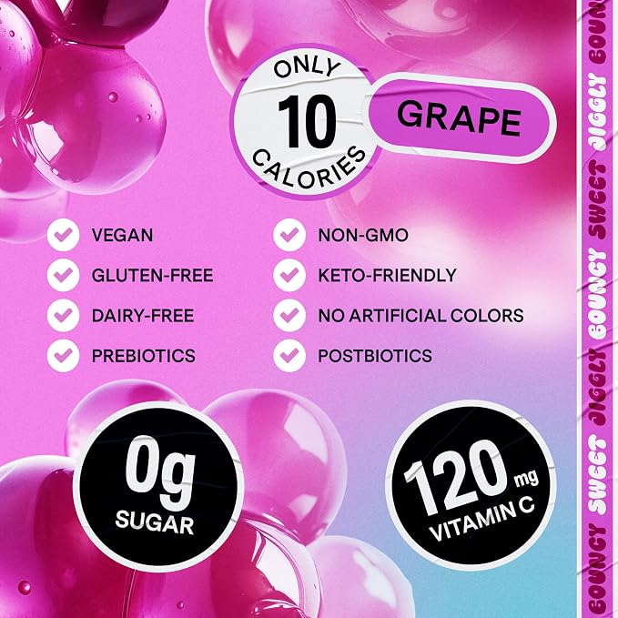 Dally Grape Drinkable Konjac Jelly, 10 Pouches, Korean Fruit Snack | Sugar free, keto and gluten free; prebiotics, postbiotics and vitamin C for skin and immune health