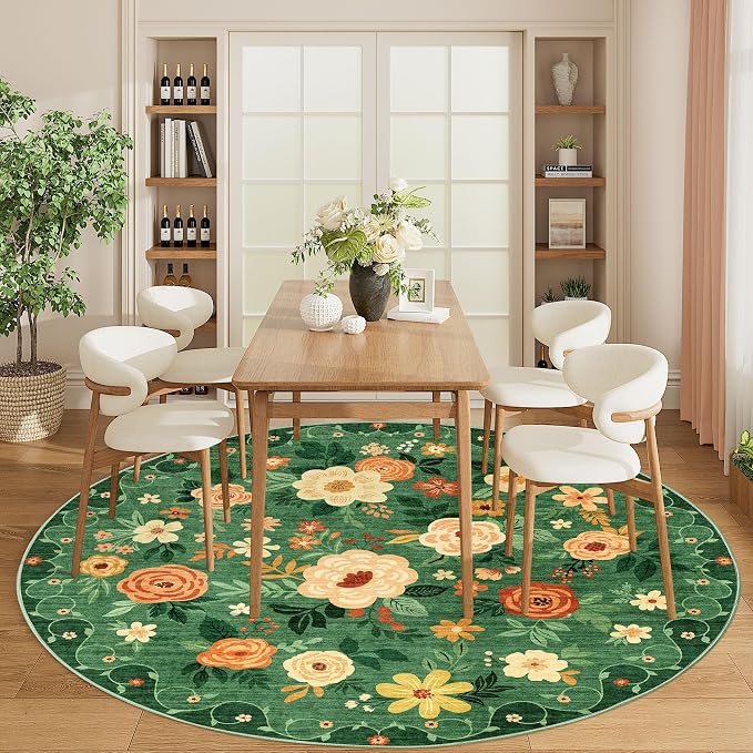 DUKINO 6ft Round Rug, Washable Circle Rug for Bedroom Non Slip, Dark Green | Low Pile, Stain Resistant Indoor Rug for Living Room, Dining Room, Kids Room, Office, Pet Friendly, Home Decor, Non-Shedding