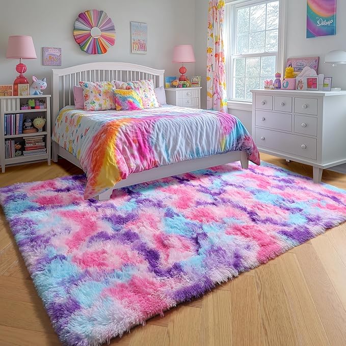 Amdrebio Pink Blue Purple Big Shaggy Rug 6x9 for Living Room Girls Bedroom | Fluffy Shag Plush Pastel Kids Carpet, Classroom Nursery Playroom Decor, Cutecore Aesthetic, Baby Toddler Corner, Colorful