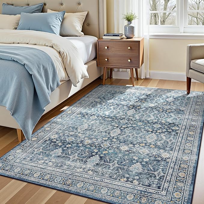6x9 Area Rugs for Living Room Bedroom, Blue Washable Non-Slip Carpet | Soft Area Rug for Dining Room Home Office Indoor Nursery, Stain Resistant, Low Pile, Vintage Boho Distressed Rug