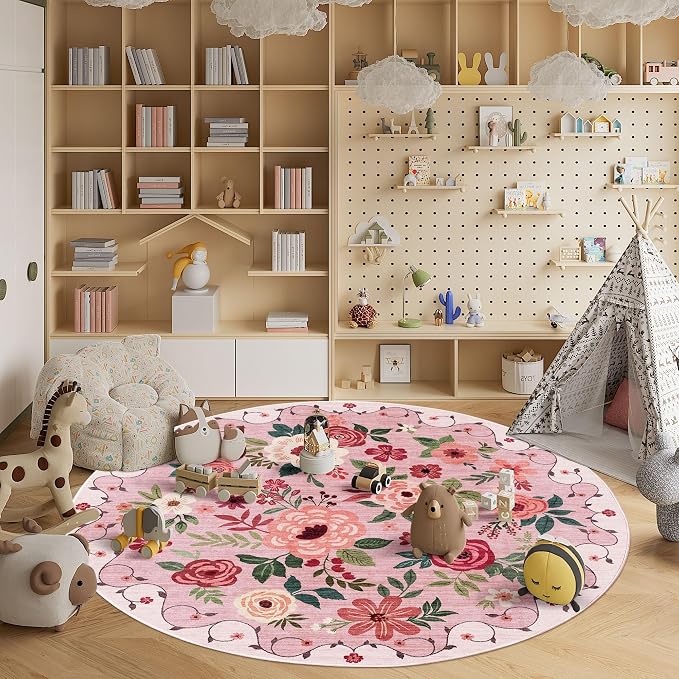 DUKINO 6ft Round Rug, Soft Washable Circle Rug for Bedroom Non Slip, Pink | Low Pile, Stain Resistant Indoor Rug for Living Room, Dining Room, Kids Room, Office, Pet Friendly, Home Decor, Non-Shedding
