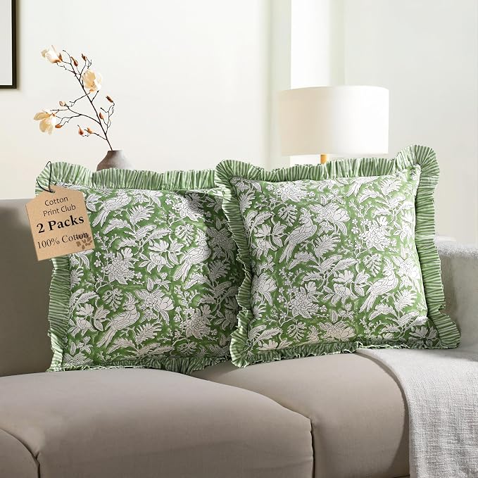 CPC Olive Green 100% Cotton Block Print Ruffle Pillow Cover 16X16 inch, Handmade Boho Floral Pillowcase, Farmhouse Cottagecore Bedding, Soft Decorative Cushion Cover for Bedroom Décor
