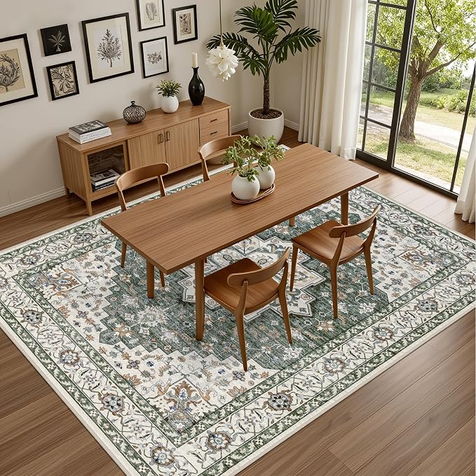 Area Rugs 10x12 Living Room Rug: Washable Rug Soft Vintage Boho Medallion Carpet Indoor Non-Slip Stain Resistant Large Carpets for Bedroom Dining Room Farmhouse Nursery Home Office Green Ivory