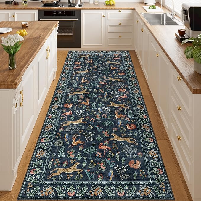 DUKINO 3x8 Runner Rug, Animal Washable Runner Rug for Kitchen, Navy Blue | Non Slip, Low Pile, Soft Indoor Carpet Runner for Hallway, Entryway, Bedroom, Bathroom, Laundry, Pet Friendly, Non-Shedding