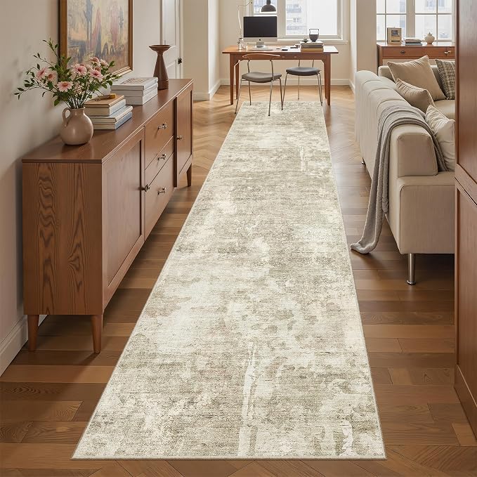 Soalmost Abstract Runner Rug 2x10 Hallway Kitchen Runners Beige/Gray | Vintage Washable Rugs for Bathroom Laundry Room, Low Pile Stain Resistant Floor Carpet Mat Entryway Corridor Bedroom