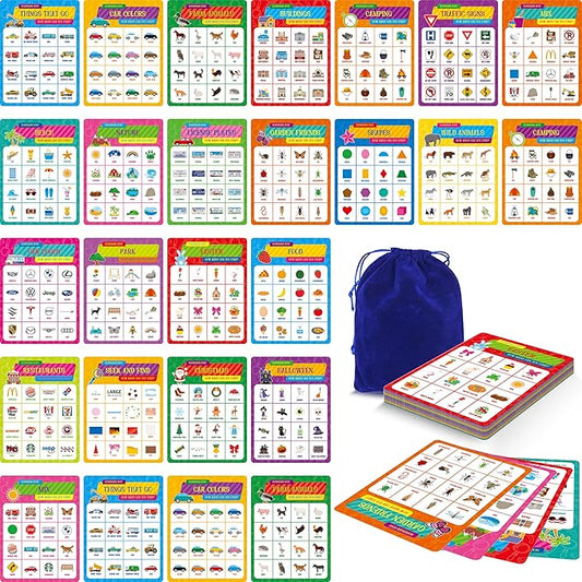 Road Trip Bingo Game, 30 Double-Sided Game Boards (Animal, Holiday, Building, Vehicle Themes), Dry-Erase Scavenger Hunt Bingo Games for Road Trip, Car Travel, Outdoor Activities for Kid, Adult