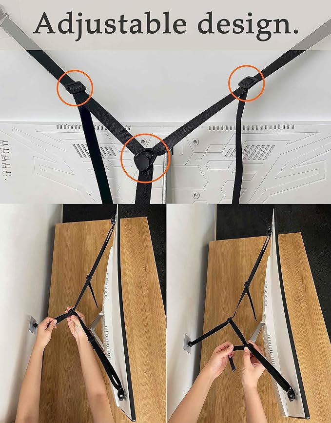 3 Pack Adjustable TV Safety Straps, No-Drill Anti-Tip Furniture Anchors for Baby Proofing, Flat Screens Fix to Wall,Cabinet,Stand Or Desk, Earthquake Straps