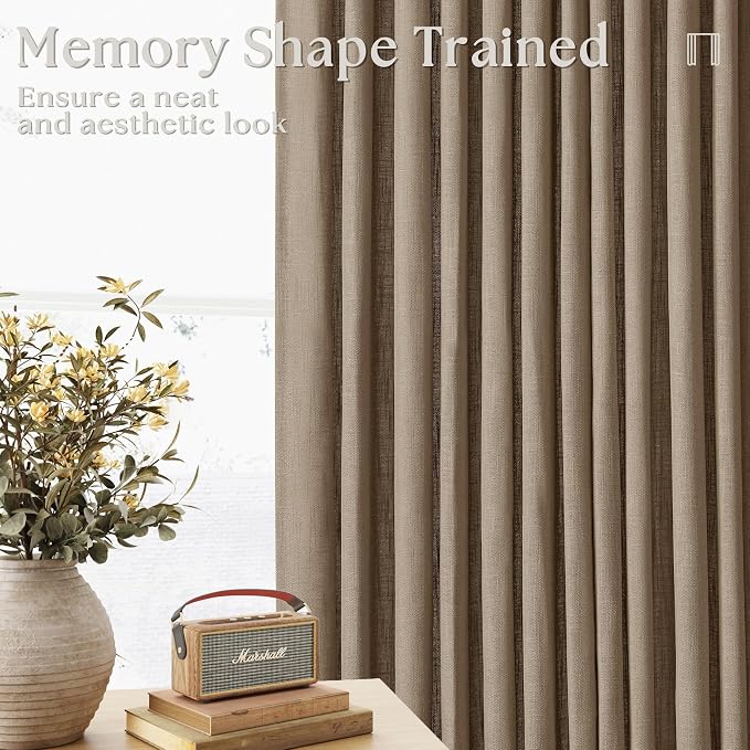 TWODRAPES Tan Brown Linen Curtains 86 Inches Long for Living Room Pinch Pleated Drape with Hooks Rings for Track System Light Filtering 86 Inch Curtain for Bedroom Sliding Patio Door 2 Panels Latte
