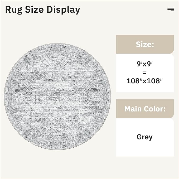Soalmost Round Rugs 9ft Living Room Circle Area Rug 9x9 Grey Vintage | Washable Non Slip Indoor Carpet for Apartment, Dining Bedroom, Soft Low Pile Stain Resistant Foldable Floor Mat Entryway