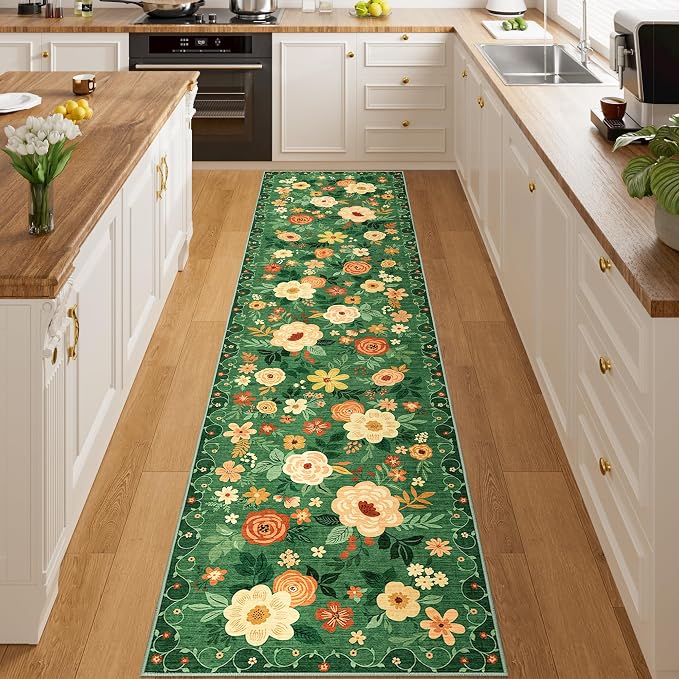 DUKINO 2x8 Runner Rug, Washable Runner Rug for Kitchen Non Slip, Dark Green | Low Pile, Floral, Soft Indoor Rug for Hallway, Entryway, Bedroom, Bathroom, Pet Friendly, Stain Resistant, Modern Home Decor