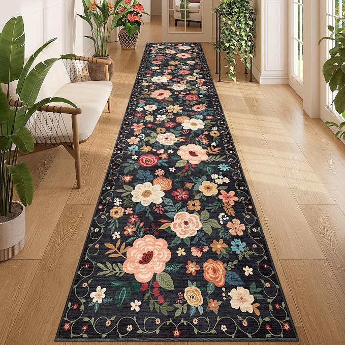 DUKINO 2.6x12 Kitchen Runner Rug, Floral Non Slip Long Washable Rug, Black | Low Pile, Stain Resistant, Soft Indoor Rug Runner for Hallway, Entryway, Bedroom, Bathroom, Laundry, Pet Friendly, Home Decor