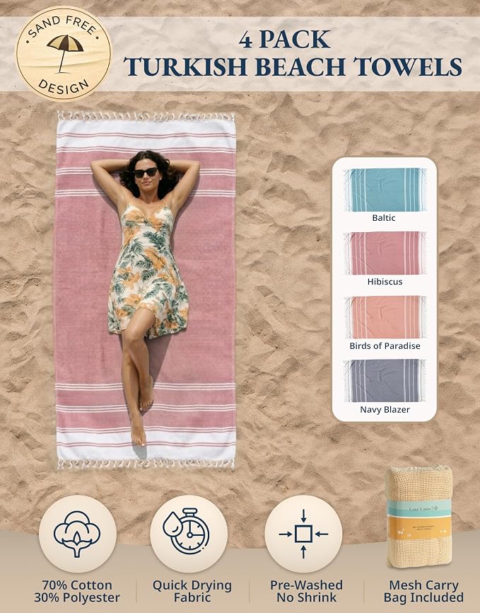 LANE LINEN 4 Pack Beach Towels – Oversized, Pre-Washed, Quick Dry, Sandproof, Lightweight & Absorbent Travel Towels – Extra Large Pool/Bath Towel – Multi