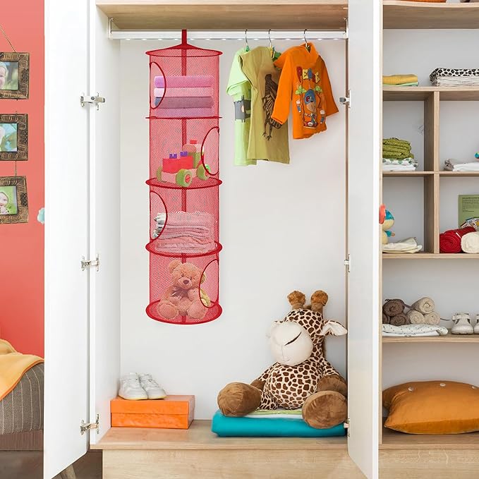 2Pcs Hanging Stuffed Animal Storage Organizer Foldable Stuffed Animal Net Hammock Organizer, 4 Compartments Mesh Hanging Toy Storage Hammock for Kid Room Toys, Gloves, Hats, Socks(Red)