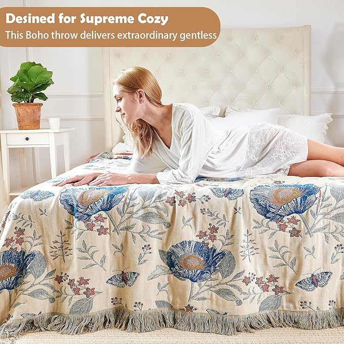 VANJOROY Boho Throw Blanket, 100% Organic Cotton Breathable Ultra Soft Bed Quilt Throw - All Season Floral Bird Butterfly Farmhouse Decor Blanket for Sofa Couch Chair and Gift. 80" x 90"